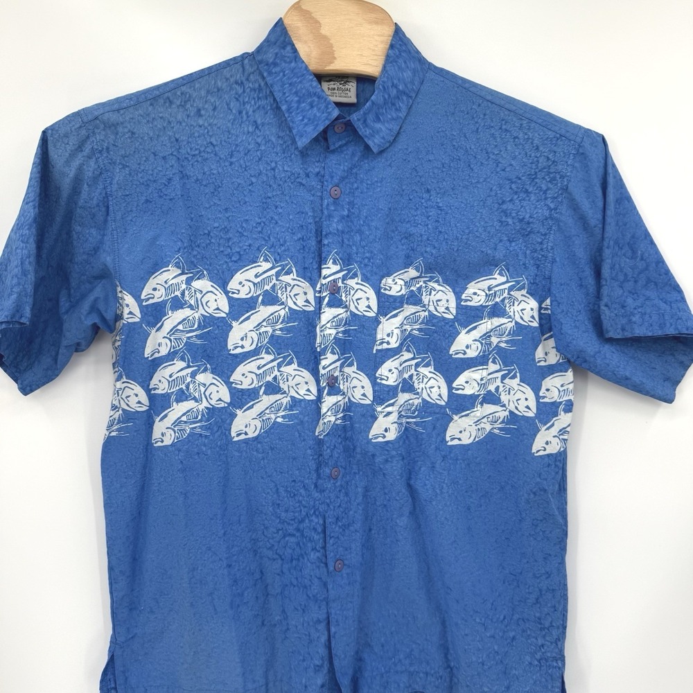 Rum Reggae Button Down Mensโ L Blue Fish Batik Cotton Short Sleeve Aloha Shirt